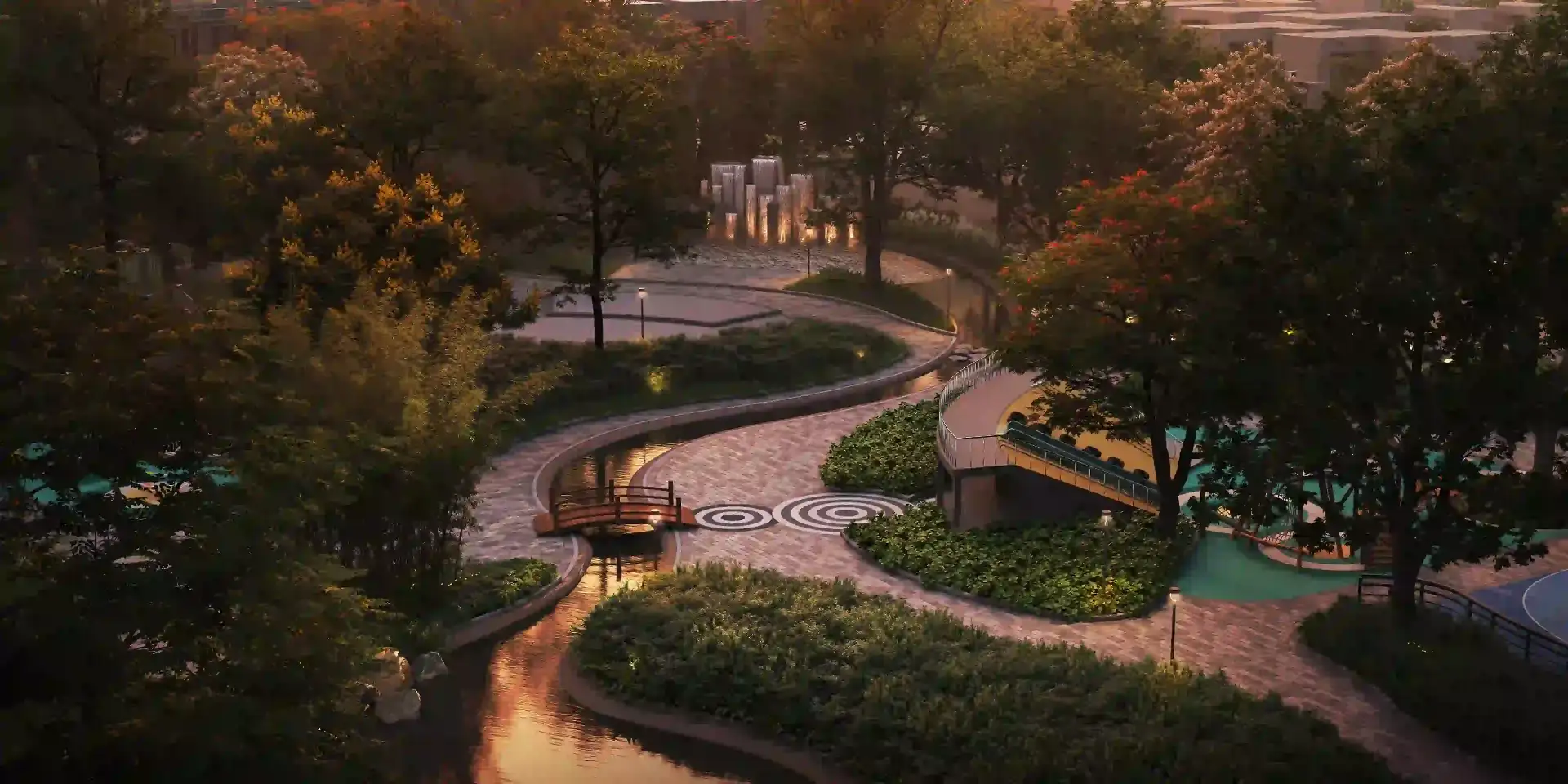 Landscaped waterbody experience view inside the township