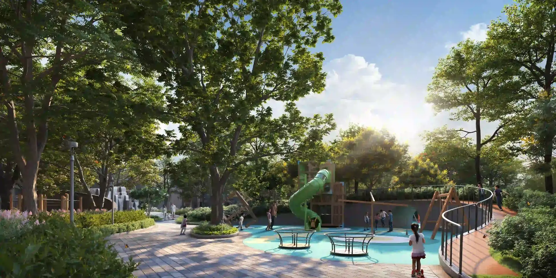 Outdoor kids play area with safe equipment